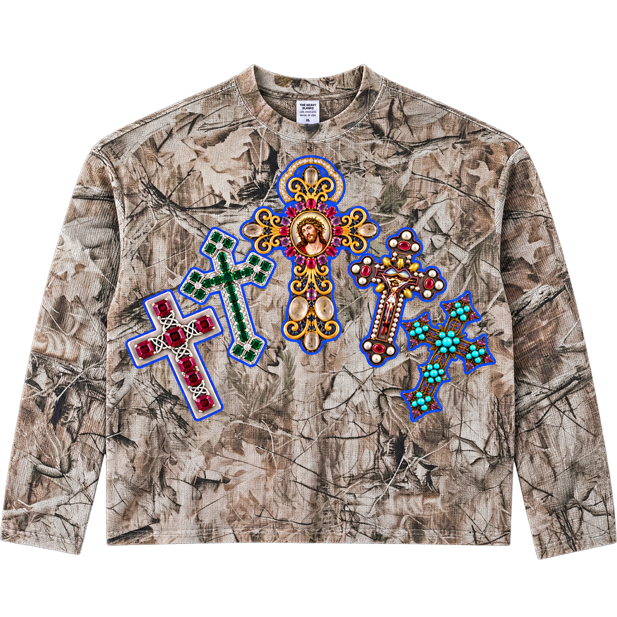 NENIOM jeweled crosses tree camo waffle long sleeve, front