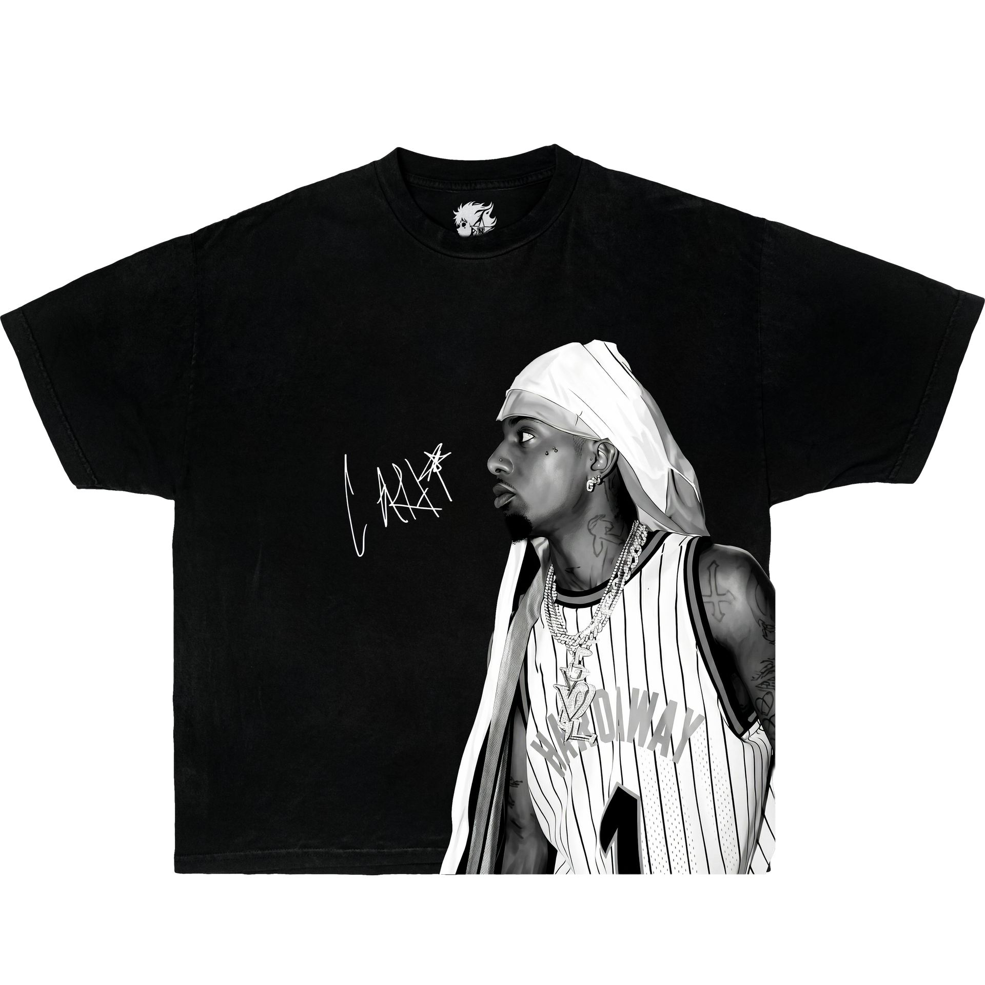 Black graphic t-shirt featuring playboi carti portrait illustration with signature artwork in minimalist hip hop streetwear design.
