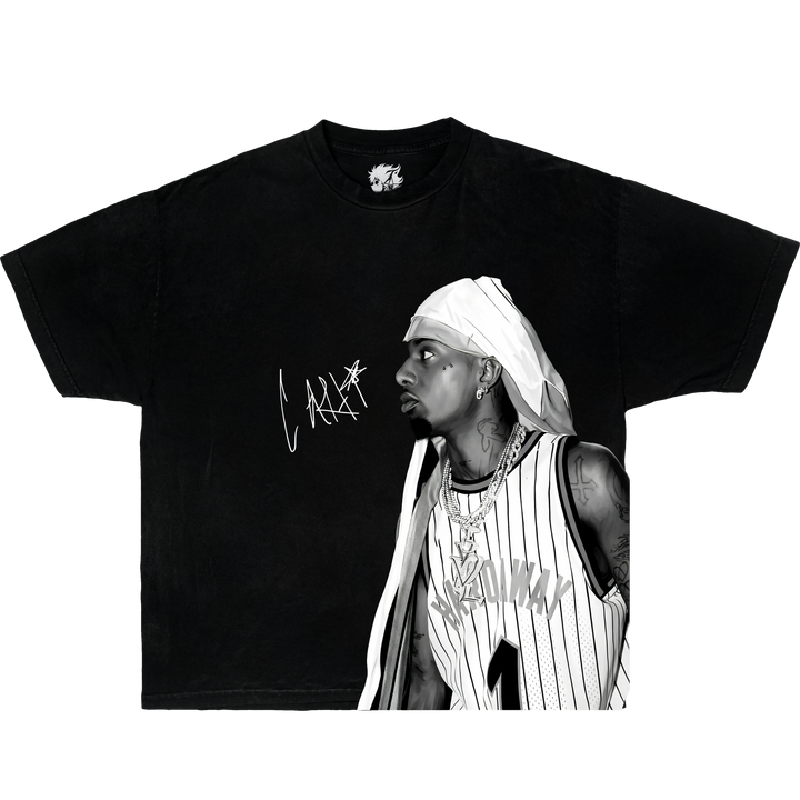 Black graphic t-shirt featuring playboi carti portrait illustration with signature artwork in minimalist hip hop streetwear design.