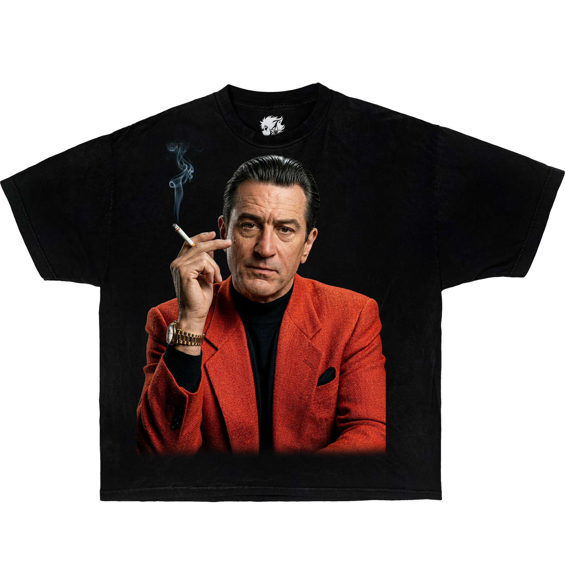Black graphic t-shirt featuring Robert De Niro portrait smoking cigarette in vintage mafia movie aesthetic design.