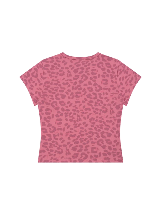 Women's Leopard Print Crop T-Shirt in Rose Pink - back, transparent background