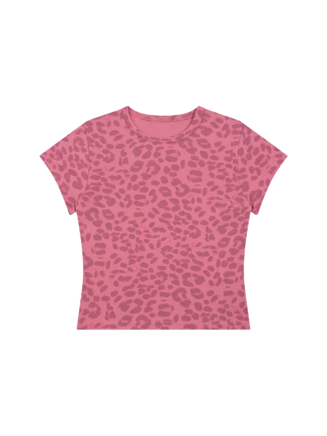 Women's Leopard Print Crop T-Shirt in Rose Pink - front, transparent background