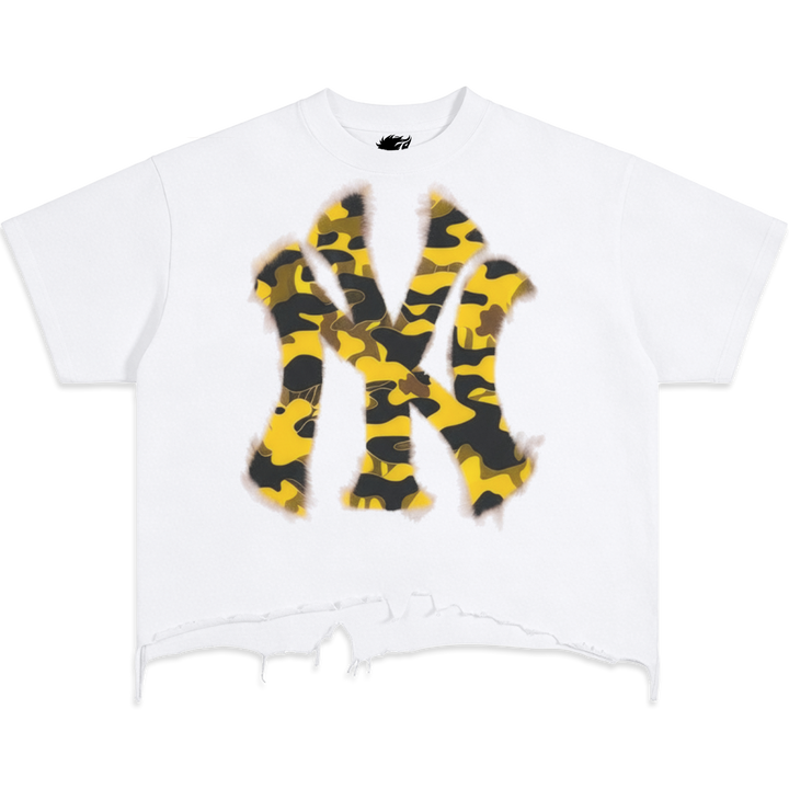 Destroyed NYC Inked Yellow Camouflage Vintage Oversized Boxy T-shirt Graphic Y2K - Neniom