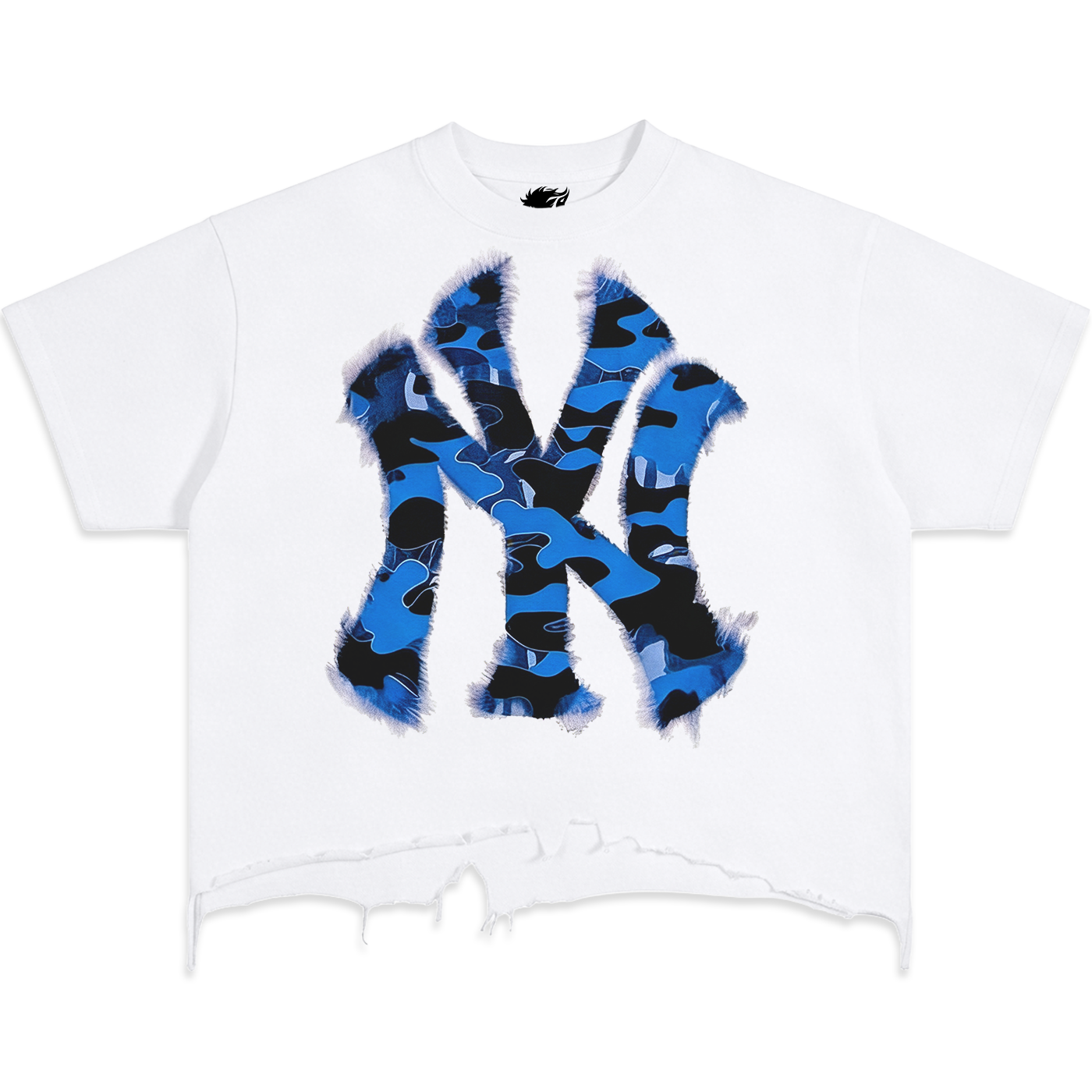 Destroyed NYC Inked Blue Camouflage Vintage Oversized Boxy T-shirt Graphic Y2K