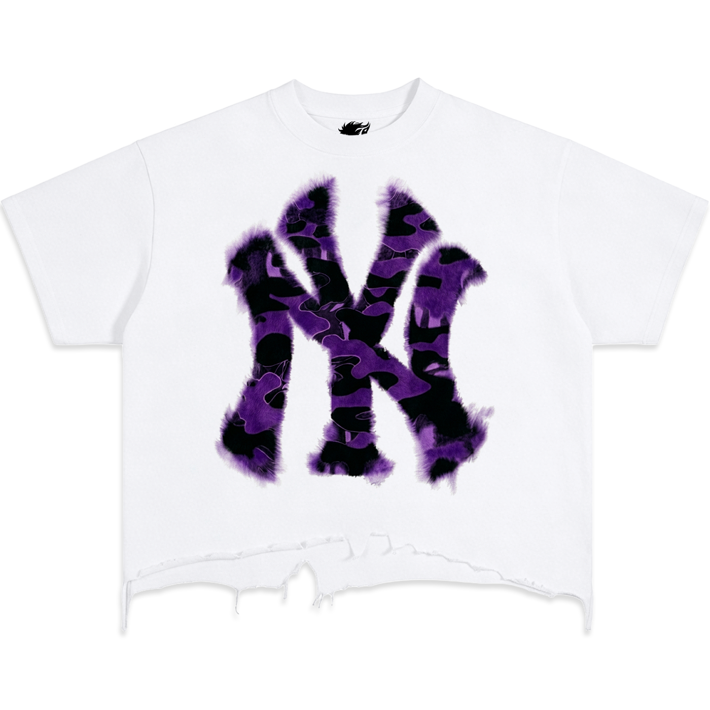 Neniom oversized boxy white T-shirt with purple and black camo NY graphic