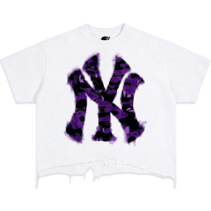 Neniom oversized boxy white T-shirt with purple and black camo NY graphic