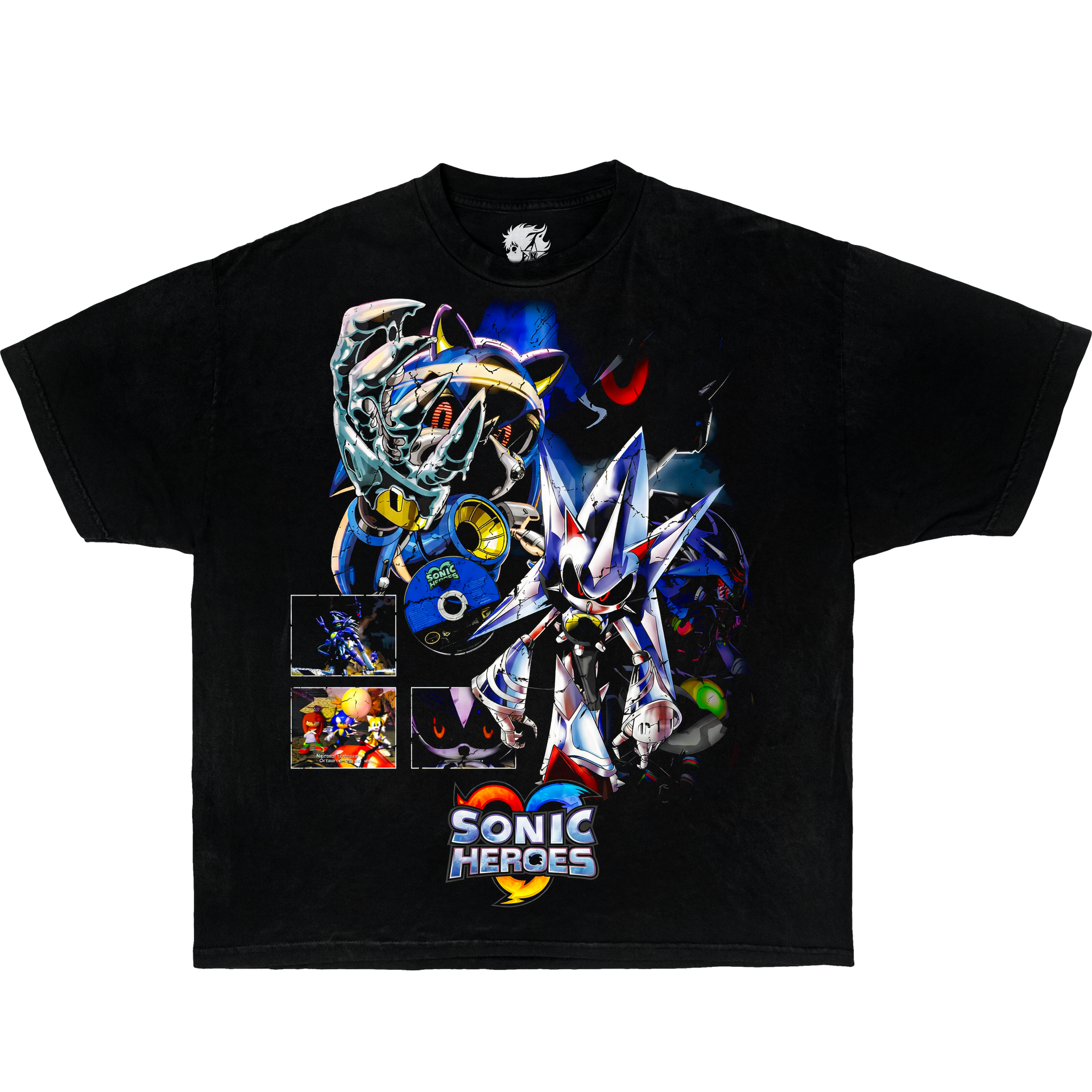 Black graphic t-shirt featuring Metal Sonic artwork inspired by Sonic Heroes with retro Sonic the Hedgehog video game collage design.