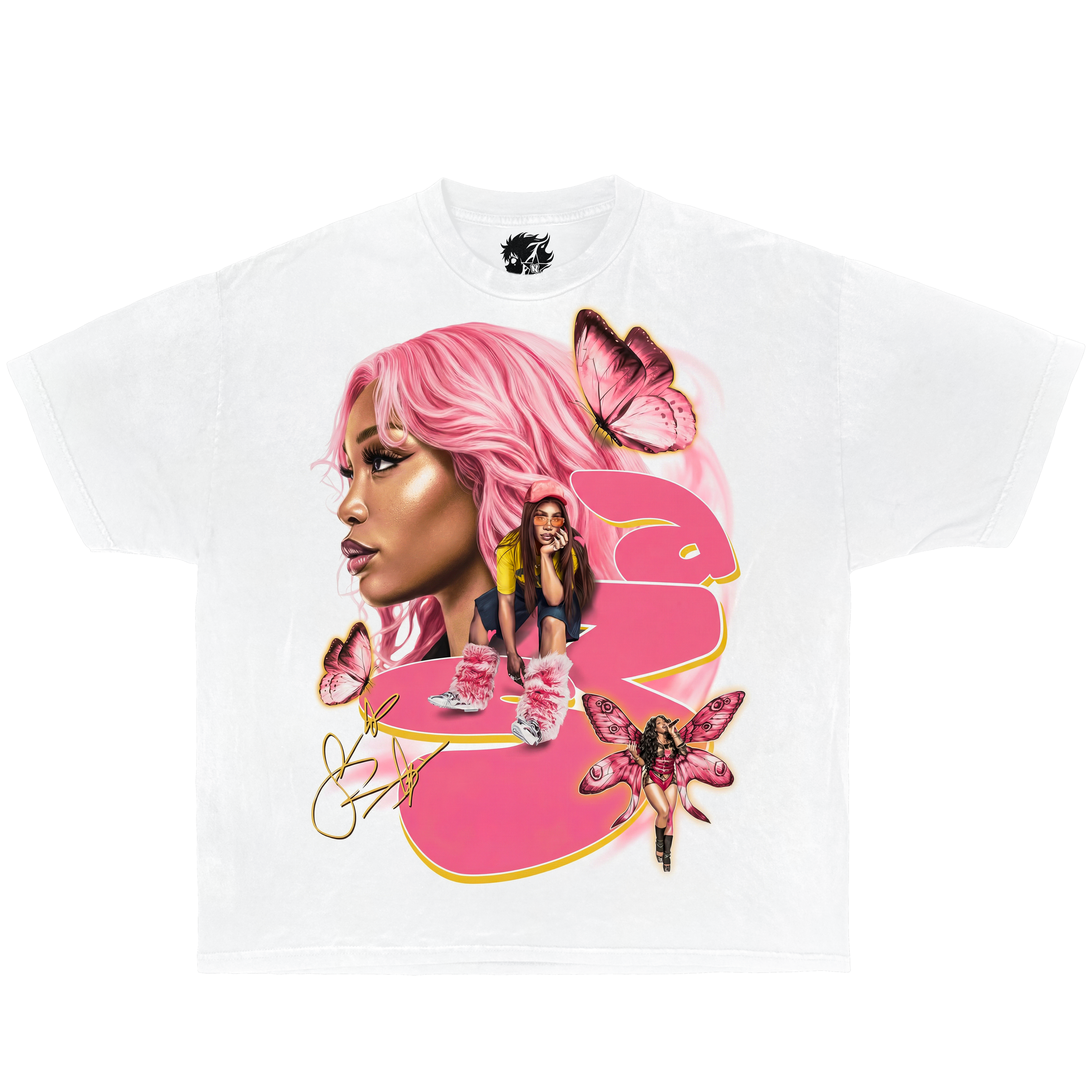 White graphic t-shirt featuring SZA inspired pink Y2K aesthetic portrait with butterflies and retro pop streetwear design