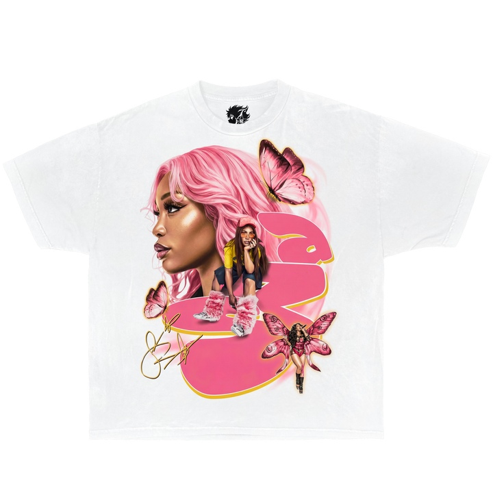 White graphic t-shirt featuring SZA inspired pink Y2K aesthetic portrait with butterflies and retro pop streetwear design