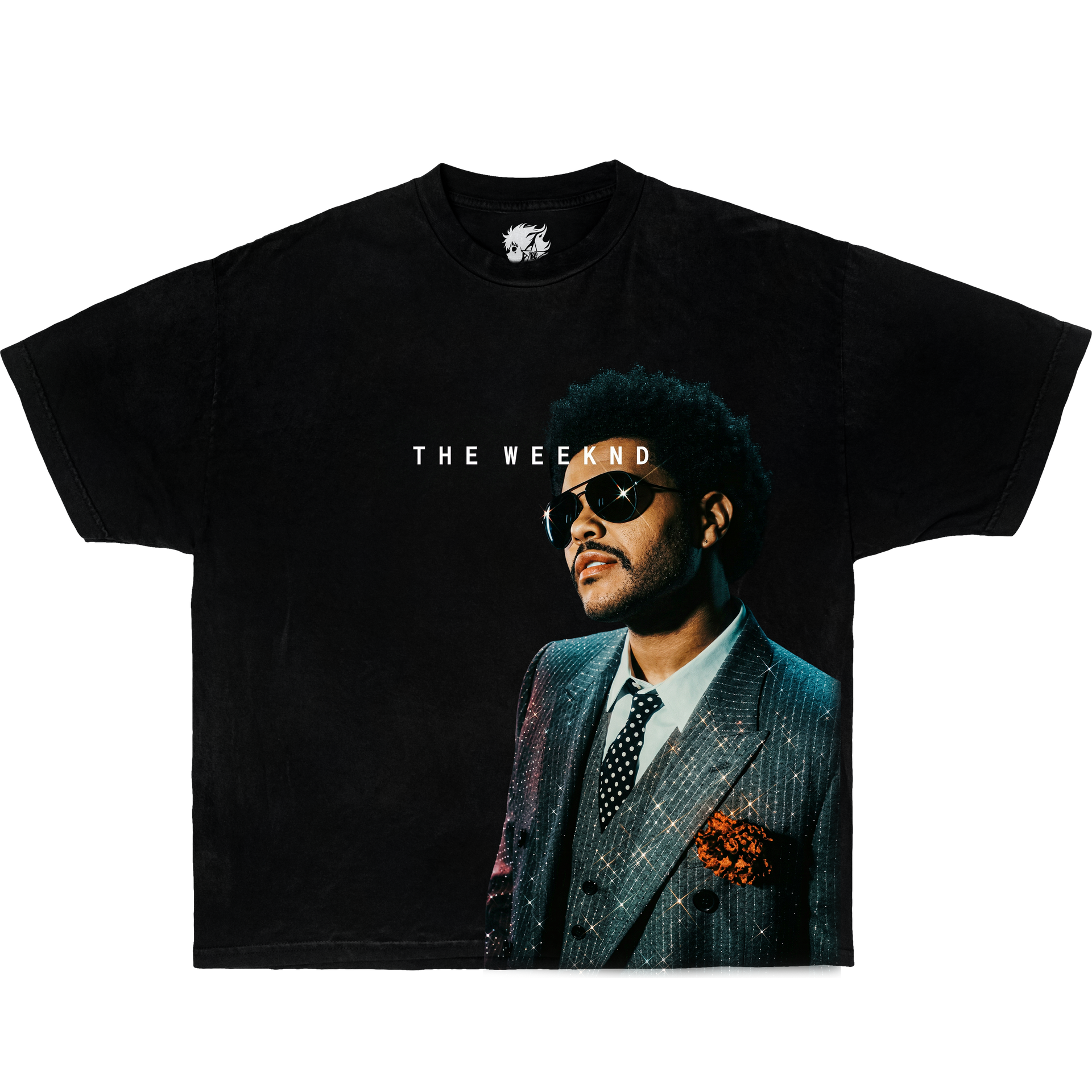 Black graphic t-shirt featuring The Weeknd portrait wearing sunglasses and suit in vintage R&B music streetwear design.