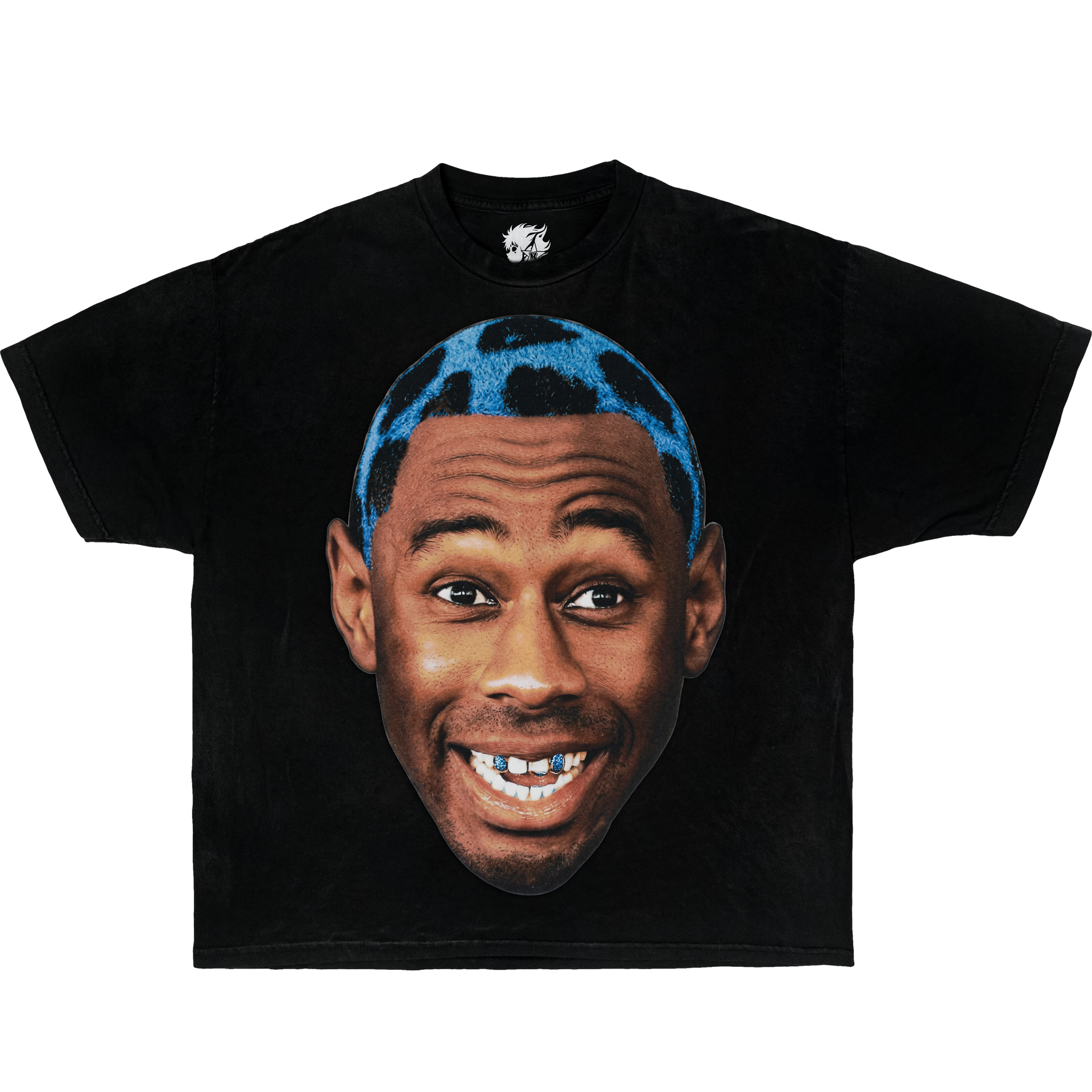 Black graphic t-shirt featuring Tyler The Creator face portrait design with blue hair in vintage hip hop streetwear style.