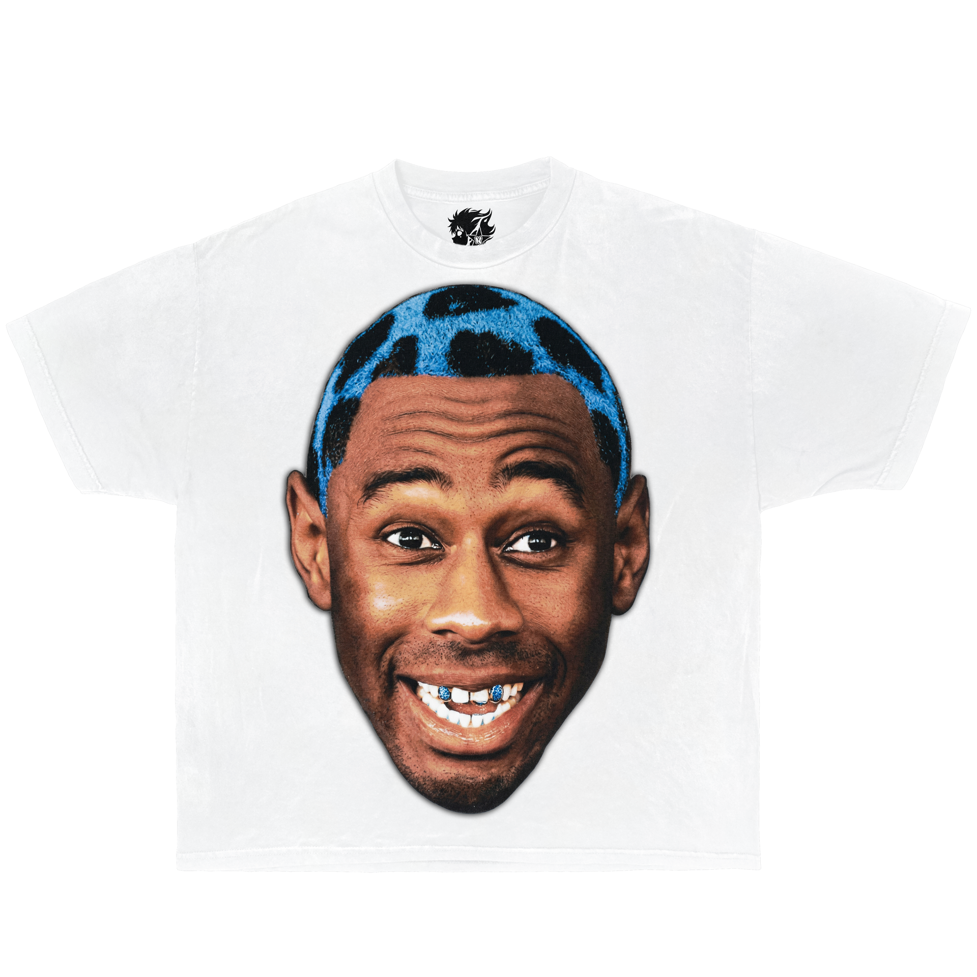 White graphic t-shirt featuring Tyler The Creator face portrait design with blue hair and retro hip hop streetwear aesthetic.