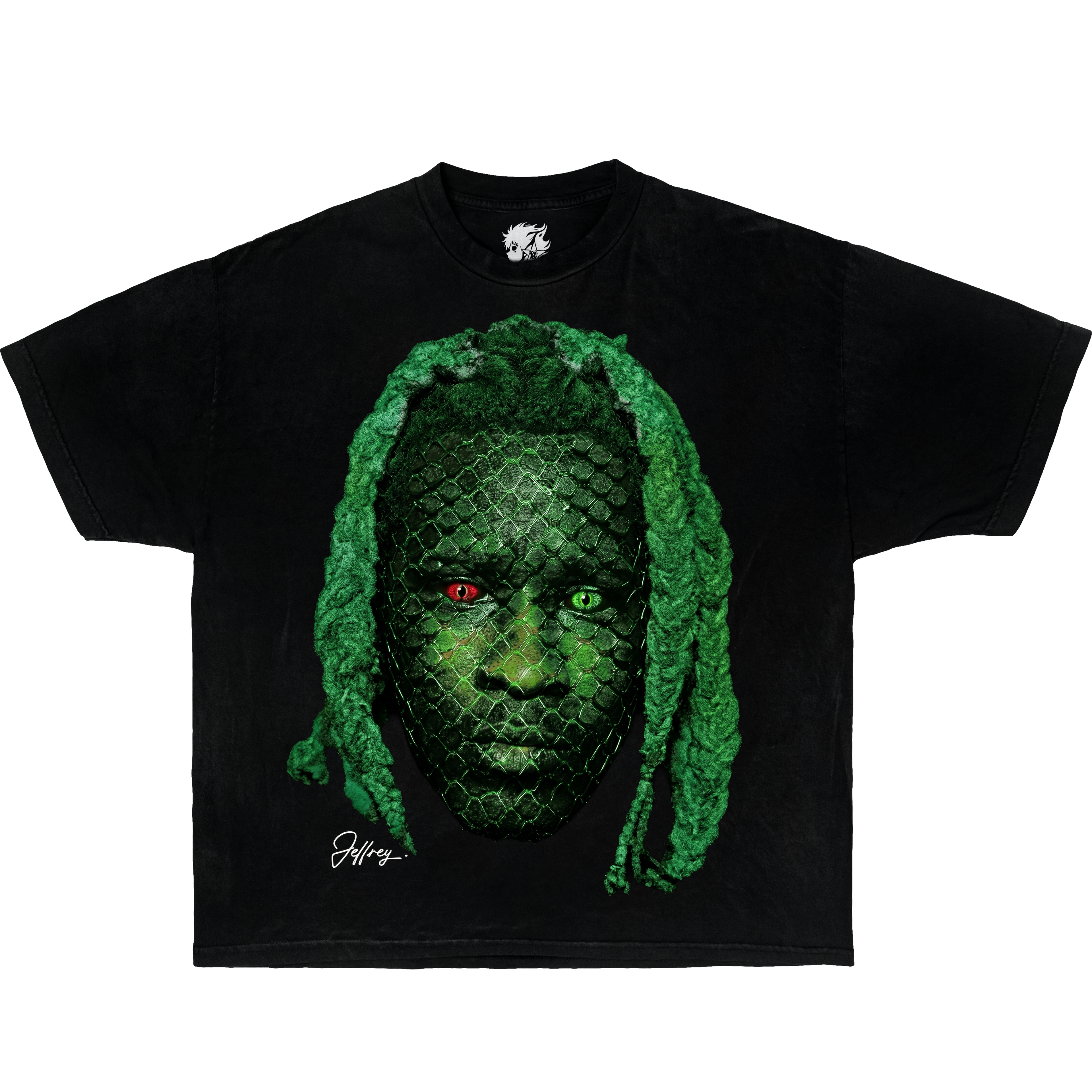 Black graphic t-shirt featuring Young Thug reptile face transformation portrait in vintage hip hop streetwear style design.